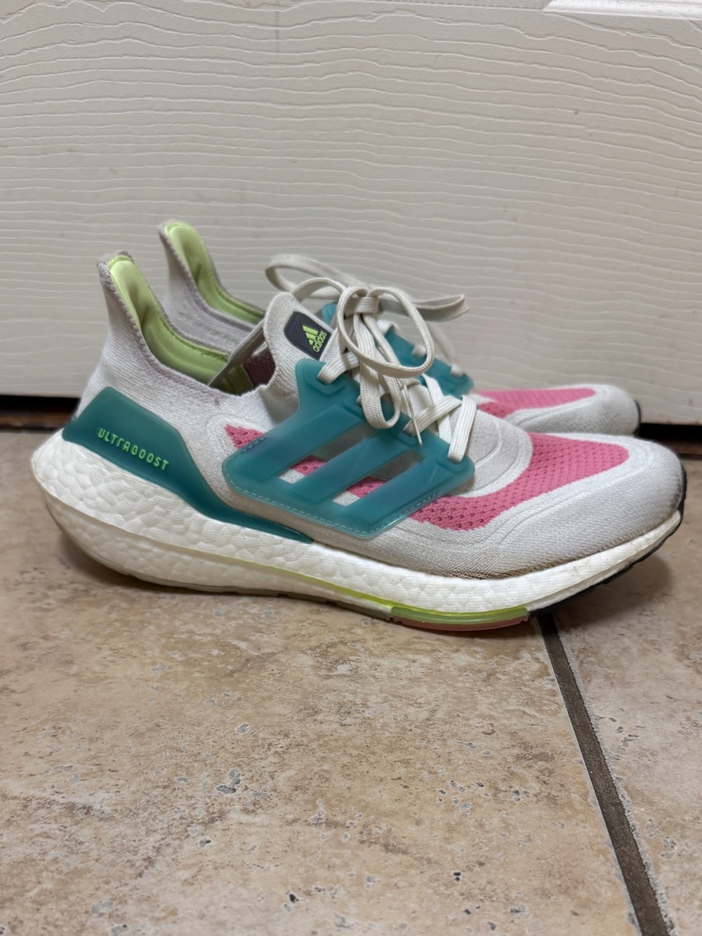 Adidas Ultraboost White Pink Teal Lace-Up Running Sneakers, Women’s 7.5